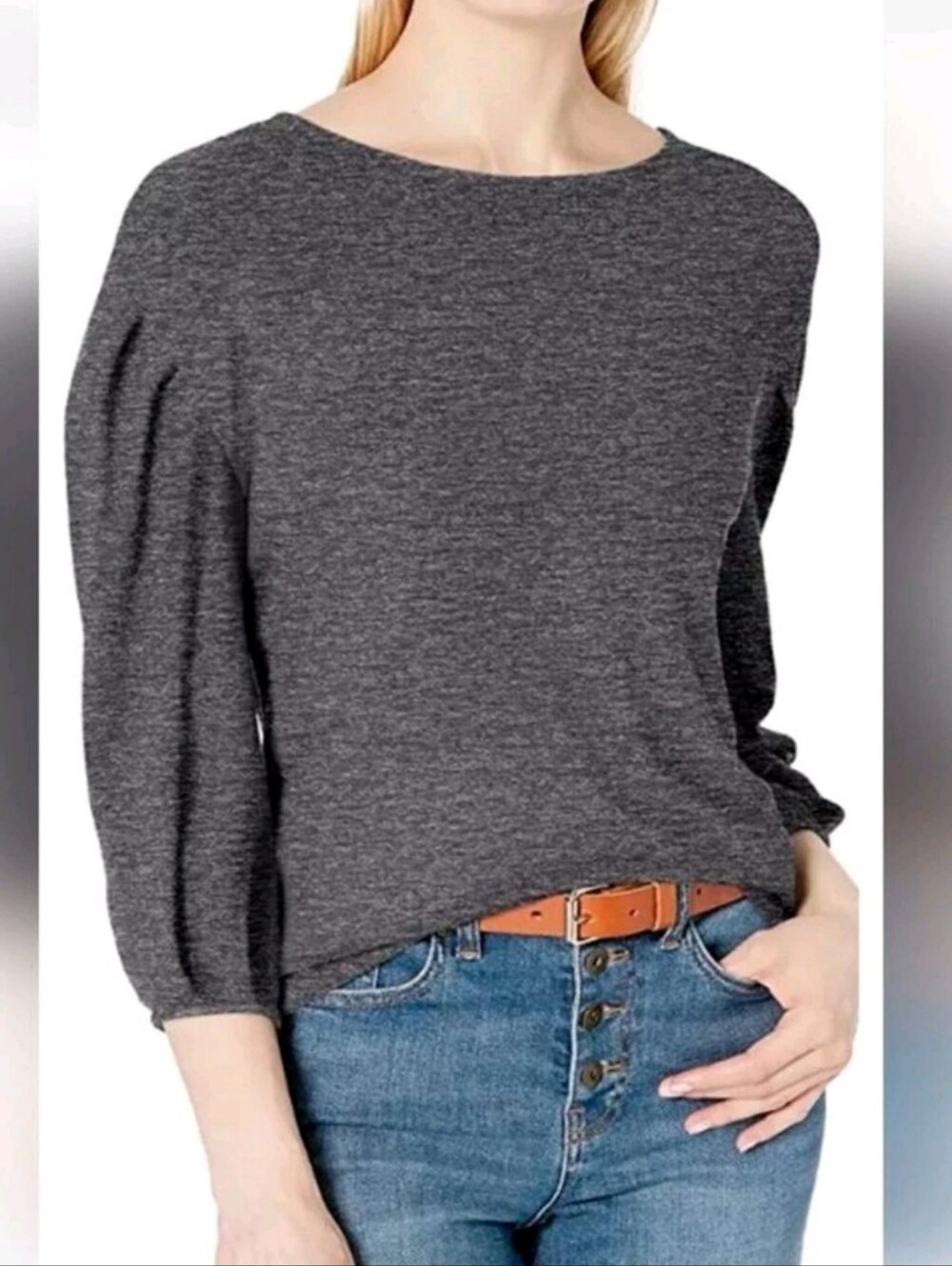 Daily Ritual NEW Pima Cotton Modal Heathered Gray Knit Poof 3/4 Sleeve Top XL